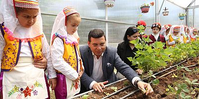 Tütüncü, okul serasına çocuklarla çilek ekti